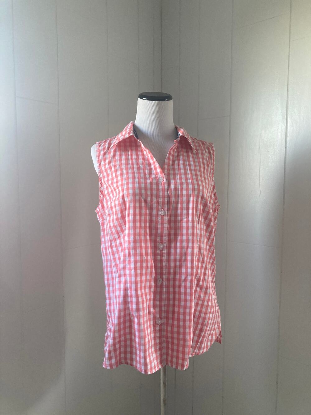 Basic Editions Pink & White Checked Sleeveless Blouse, Size M